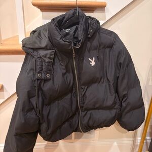 Black Puffer Jacket with Bunny Logo